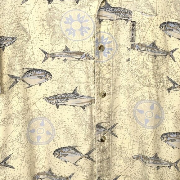 Columbia Mens Shirt Allover Fish Print Short Sleeve Button Up Tan Beige Medium - Picture 5 of 11